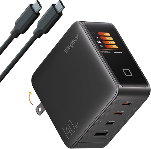 wegear 140W GaN USB C Charger Block, 4-Port PD3.1 Fast Wall Charger with Smart Display & Touch Control, Foldable Power Adapter with 240W USB-C Cable for MacBook Pro, iPhone 18/17, iPad, Galaxy S25/S24