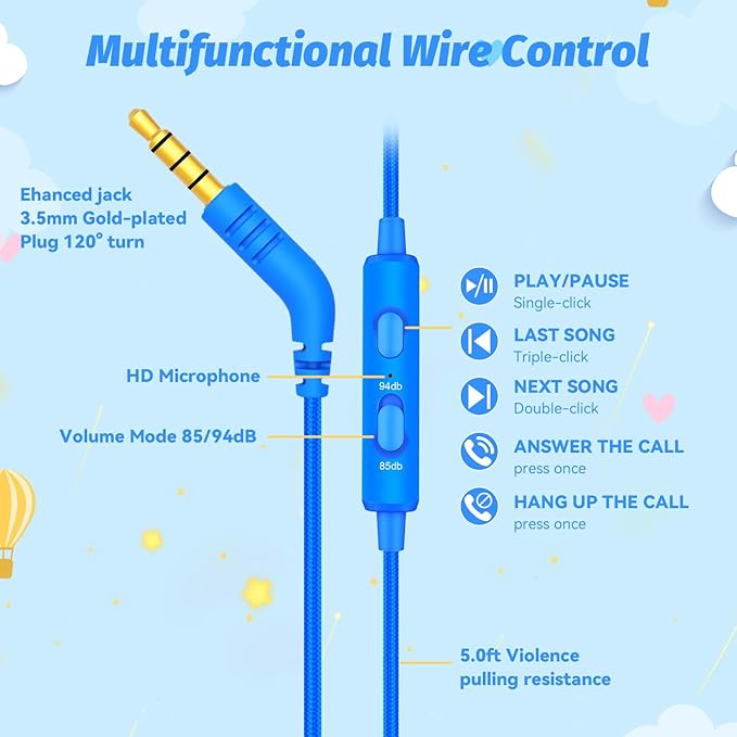 Kids Headphones with Cord for School, 85/94dB Volume Limit Headphones for Kids, Portable Wired Headphone with Shareport, Stereo Sound Foldable Headset for School/Tablet/iPad/Kindle (Blue)