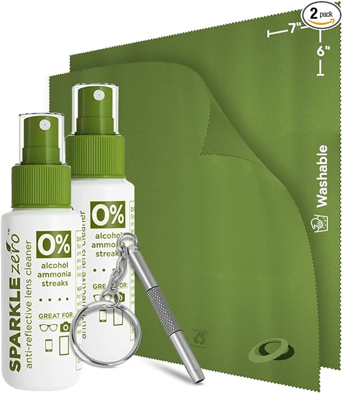 Sparkle Anti-Reflective Eco-Friendly Lens Cleaner & Repair Kit – (2) 1oz Glasses Cleaner Spray, (2) Microfiber Cloths & Keychain Screwdriver for Eyeglasses, Sunglasses, Lenses & Screens (5 Piece Set)