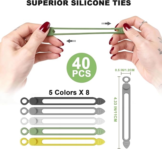 40Pcs Silicone Cable Ties, Reusable Cord Organizer Rope, Elastic Cord Ties for Electronics, Essentials Straps for Fastening Home Office Kitchen Travel Appliances Cable Wires