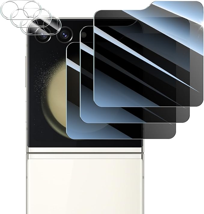 Privacy Screen & Camera Lens Protector for Samsung Galaxy Z Flip5, Double Shatterproof Anti-Spy Tempered Glass, Private Black Protection, 9H Hardness Anti-Scratch Case-Friendly, 3 Pack Each