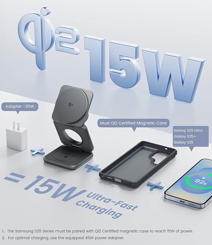 KU XIU Qi2 Certified 3 in 1 Charging Station for Samsung, Aluminum Alloy Foldable 15W Wireless Charger for Galaxy S26 S25 Series Z Flod 7, Fast Charger for Galaxy Watch Ultra, for Galaxy Buds
