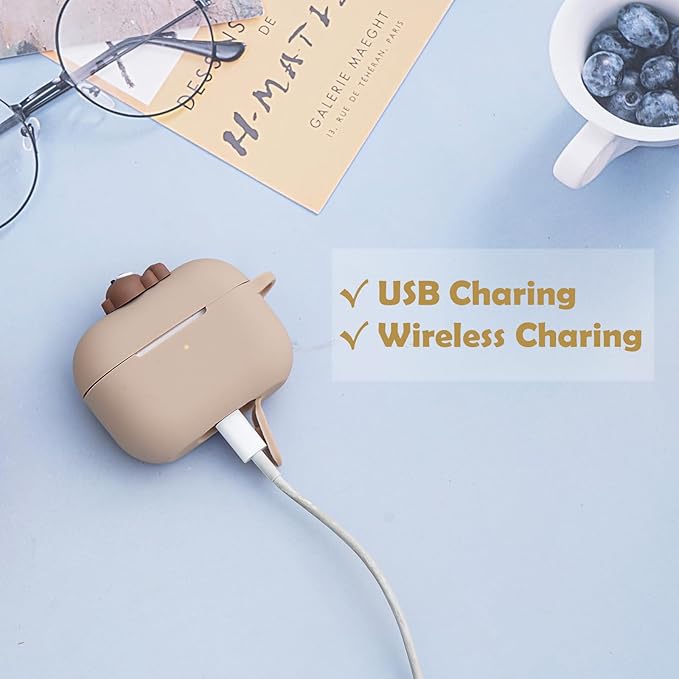 Wonhibo for Airpod Pro Case, Cute Kawaii Cover for Airpod Pro 2019 with Keychain for Women (Khaki Bear)