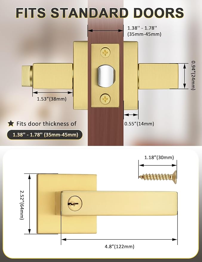 2 Pack Brushed Gold Entry Door Levers with Lock and Key, Satin Brass Keyed Alike Lockset Combo Pack, Entrance Door Handles for Office and Front Door, Door Knobs Lockset (Each with 3 Keys)