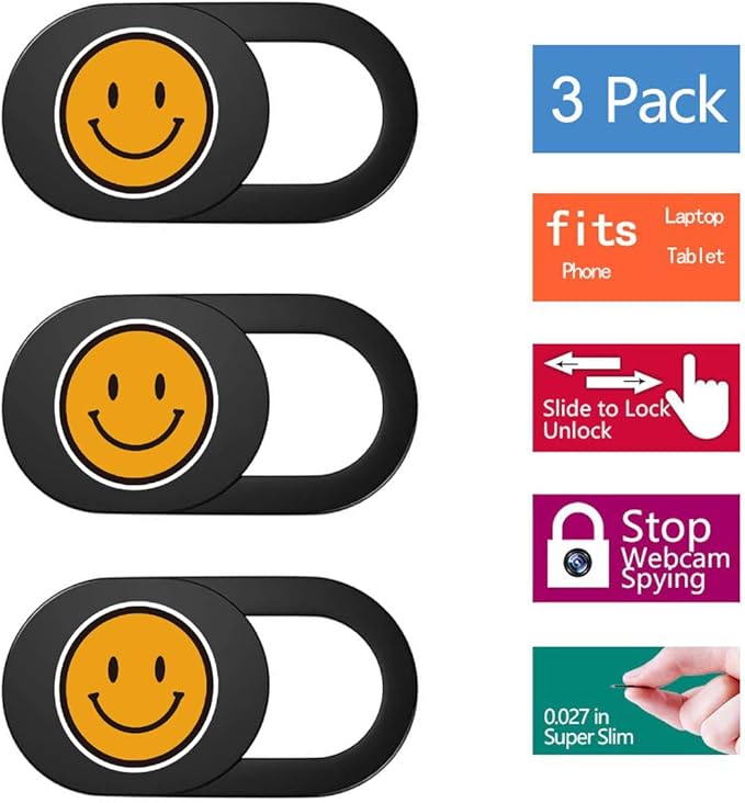 SIREG Webcam Cover Ultra Thin - Web Camera Cover fits Laptop,Tablet,PC,Computer, Smartphone, Protect Your Privacy and Security,Strong Adhesive (Smile-Black & 3 Pack)