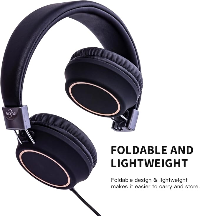 Olyre Kids Foldable Headphones, Toddler Headphones with Cord for School Plane Travel, Lightweight Stereo Wired Children Earphones with HD Mic for Boys Girls for Computer Cellphone Tablet - Black