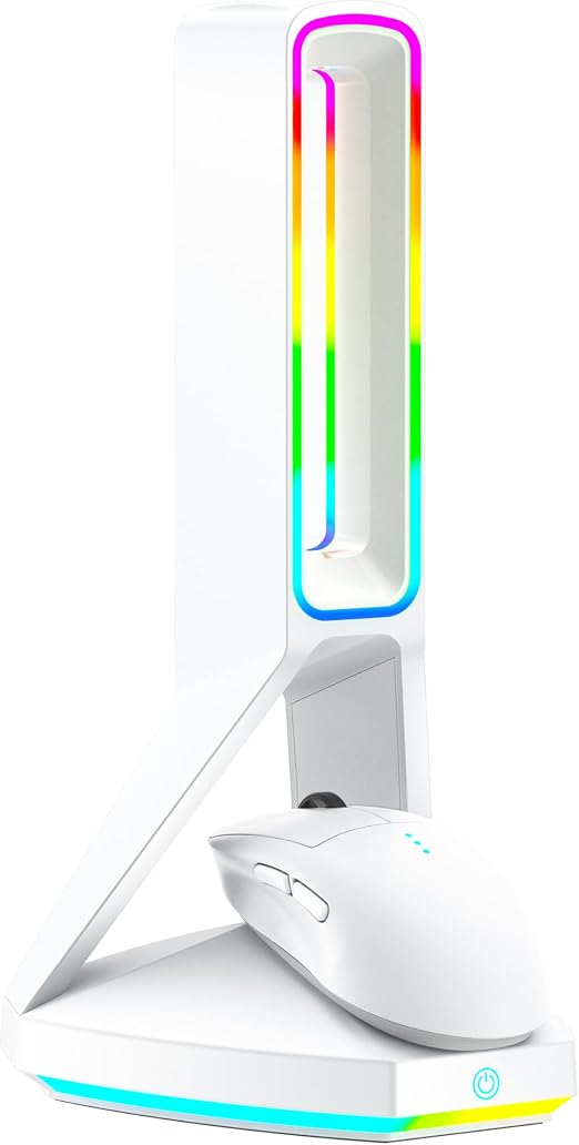 RGB Gaming Headset Stand， for Logitech G502/G502X Lightspeed Wireless Mouse Charging Dock, Compatible with DeathAdder v2 pro Mouse, Desktop Gamer's Accessories（Headset and Mouse not Included） (White)
