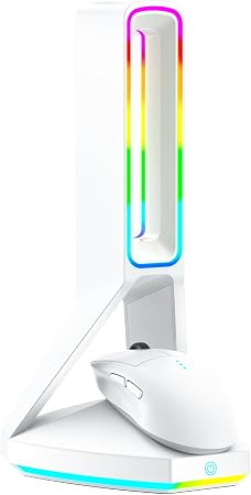 RGB Gaming Headset Stand， for Logitech G502/G502X Lightspeed Wireless Mouse Charging Dock, Compatible with DeathAdder v2 pro Mouse, Desktop Gamer's Accessories（Headset and Mouse not Included） (White)