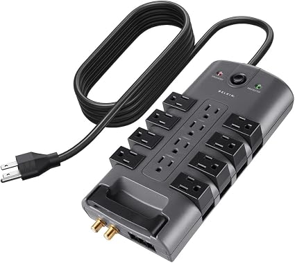 Belkin Surge Protector Power Strip w/ 8 Rotating & 4 Standard Outlets - 8ft Sturdy Extension Cord w/Flat Pivot Plug for Home, Office, Travel, Desktop & Charging Brick - 4320 Joules of Protection -...