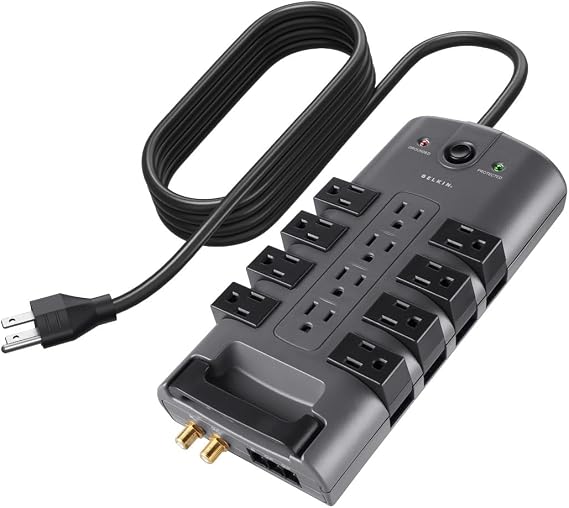 Belkin Surge Protector Power Strip w/ 8 Rotating & 4 Standard Outlets - 8ft Sturdy Extension Cord w/Flat Pivot Plug for Home, Office, Travel, Desktop & Charging Brick - 4320 Joules of Protection -...