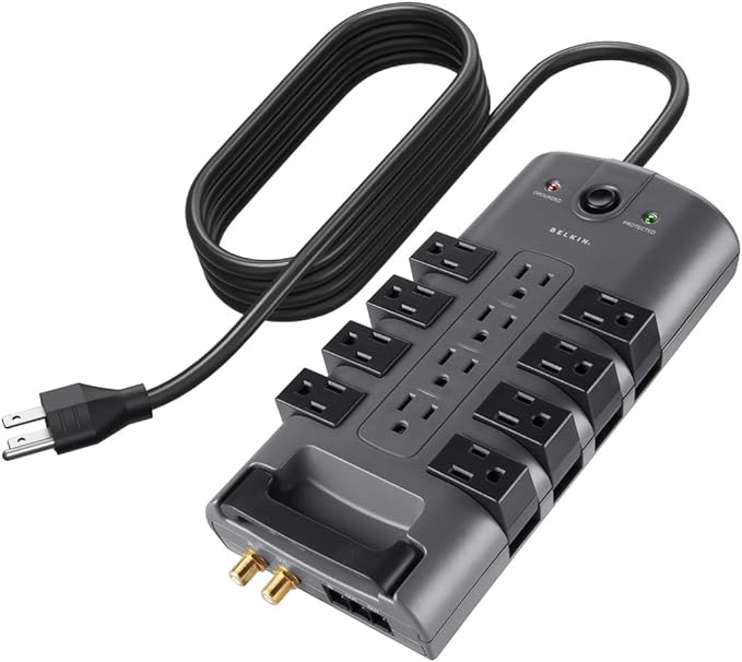 Belkin Surge Protector Power Strip w/ 8 Rotating & 4 Standard Outlets - 8ft Sturdy Extension Cord w/Flat Pivot Plug for Home, Office, Travel, Desktop & Charging Brick - 4320 Joules of Protection -...