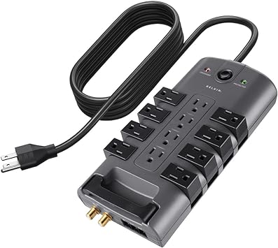 Belkin Surge Protector Power Strip w/ 8 Rotating & 4 Standard Outlets - 8ft Sturdy Extension Cord w/Flat Pivot Plug for Home, Office, Travel, Desktop & Charging Brick - 4320 Joules of Protection -...