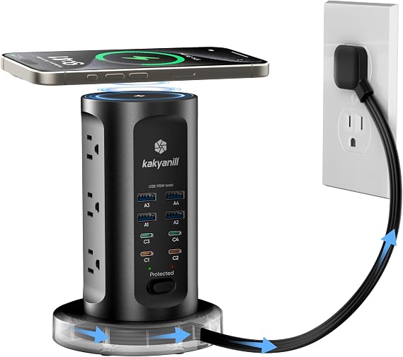Kakyanill 115W USB Charging Station, Power Strip Tower with 9 AC 8 USB