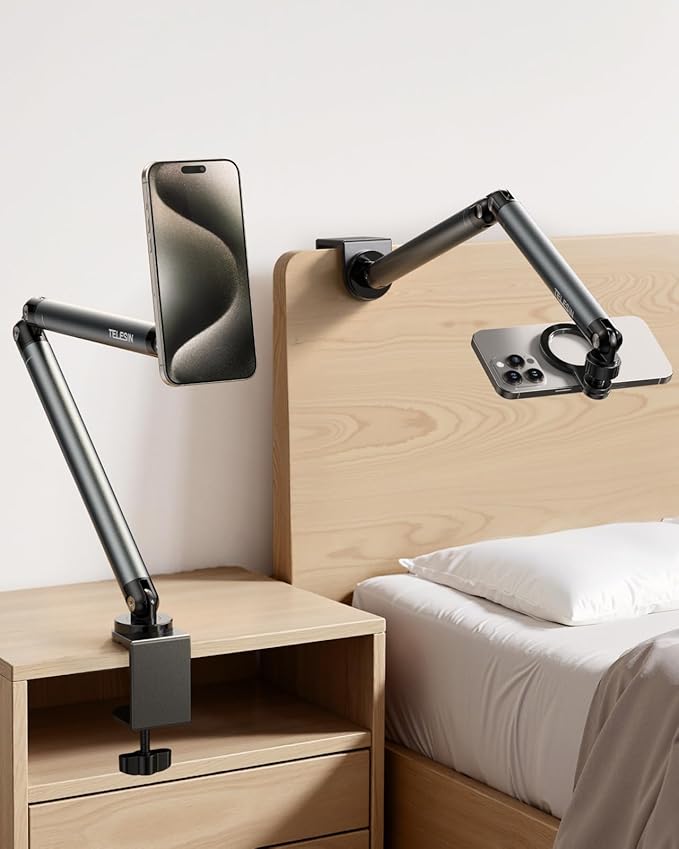 Magnetic Phone Holder for Desk & Bed – Black, 360° Adjustable Long Arm Tablet Stand with Strong N52 Magnet for iPhone, Android & iPad