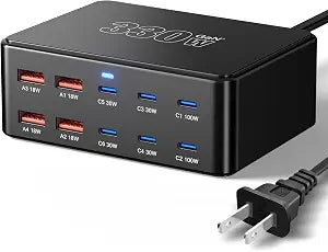 330W 10-Port USB C Charging Station, PD 100W 65W 45W 30W 20W Laptop & Phone Desktop Fast Charger Hub, Compatible with MacBook Pro/Air, iPhone 17/16/15/Pro, iPads, Galaxy