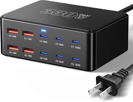 330W 10-Port USB C Charging Station, PD 100W 65W 45W 30W 20W Laptop & Phone Desktop Fast Charger Hub, Compatible with MacBook Pro/Air, iPhone 17/16/15/Pro, iPads, Galaxy