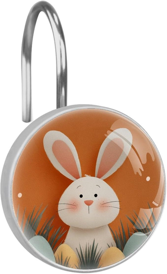Easter Bunny Crystal Glass Shower Curtain Hooks for Bathroom Shower Rod, 12Pcs Round Home Decorative Shower Curtain Rings, Orange Bathroom Bedroom Living Room Accessories