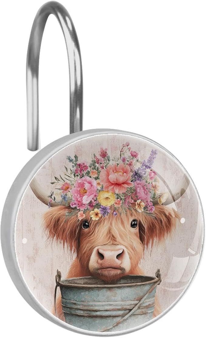 12 Packs Highland Cow with Flowers Shower Curtain Hooks, Stainless Steel Glass Shower Curtain Rings for Bathroom Decor, Rustproof Metal Curtain Rod Hooks