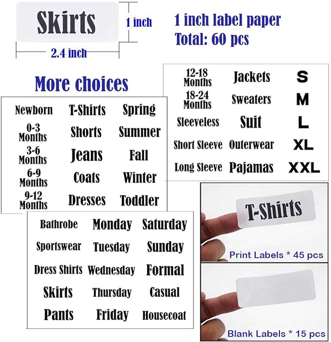 20 Pack White Clothing Rack Size Dividers Plus 90 Labels (1 Inch) and 20 Large Blank Labels, Large Rectangular Clothing Closet Dividers (Pearl White)
