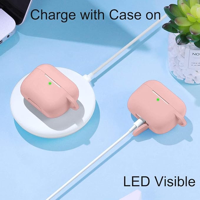 Lerobo Compatible with Apple AirPods Pro Case Cover,Shockproof Washable Silicone Protective Cover Case for Airpod Pro 2 Supports Wireless Charging with Carabiner Front LED Visible,Pink