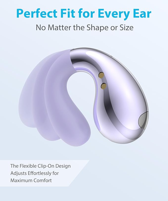 Ultra Open Ear Earbuds – Comfortable Clip-on Bone Conduction Headphones, Wireless Bluetooth Earphones with Waterproof Design, Over Ear Buds for Running and Sports, Simple Purple