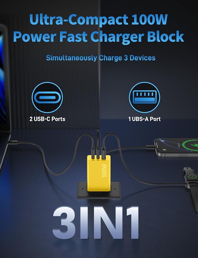 2Pack 100W USB C Charger Block, 3Port Fast Charging Adapter, Type C Fast Charging Blocks Cube PD USBC Wall Plug+QC3.0 USB A Charger Brick for MacBook Pro/Air,iPad,iPhone 17/16,Samsung S25 &More-Yellow