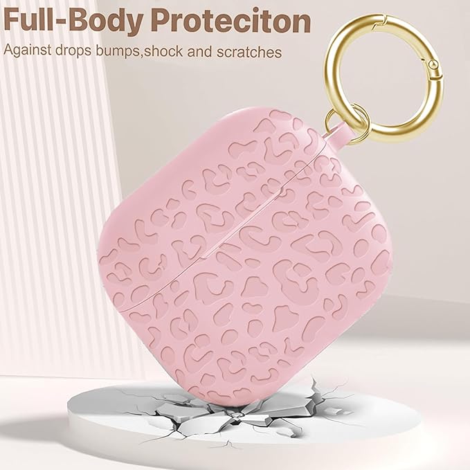 Engraved Case for AirPods 3rd Generation Carving Cover with Keychain, Leopard Skin Soft Cover for Compatible with AirPods 3rd Generation Case Full Protection,Front LED Visible,Pink