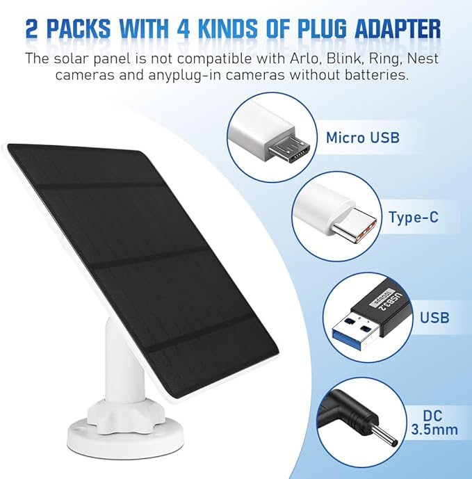 5W Solar Panel for Security Camera 2 Pack, 5V Solar Panel Charger is Compatible with WYZE Battery Cam Pro, Eufy Camera & Arlo Essential Spotlight/XL Spotlight Camera, with Micro USB, DC, USB-C Port