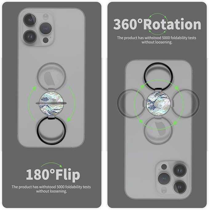 Carveit Natural Shells Cell Phone Ring Holder Metal Phone Kickstand Grip for iPhone 16 Pro Max/15/14 & Galaxy S23/S24/S25 Ultra & Pixel 8/9 -Black-Wave Reimagined