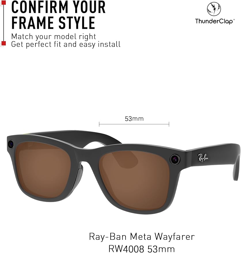 ThunderClap POLARIZED Replacement Lenses Compatible with Ray-Ban Meta Wayfarer RW4006 50mm | RW4008 53mm Smart Glasses