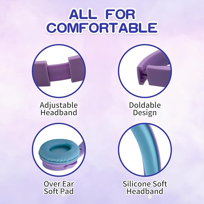 Kids Wireless Headphones, Bluetooth Headphone for Teen Kids, Over Ear Toddler Headphones Foldable with Built-in Mic for Cell Phones TV Tablet School Network Boys Girls (e6 Purple)