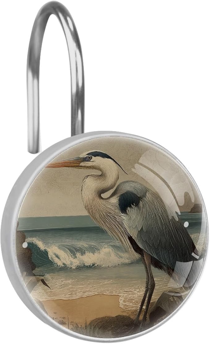 Beach Heron Shower Curtain Hooks, 12Pcs Decorative Rust Resistant Shower Rings for Shower Curtain Rods, Stainless Steel Round Curtain Hooks for Bathroom, Bedroom, Farmhouse