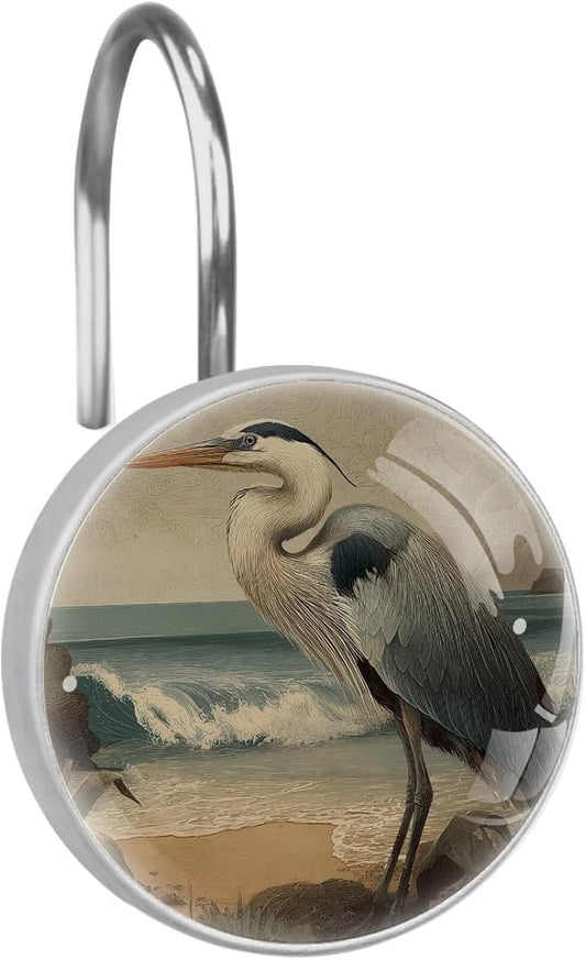 Beach Heron Shower Curtain Hooks, 12Pcs Decorative Rust Resistant Shower Rings for Shower Curtain Rods, Stainless Steel Round Curtain Hooks for Bathroom, Bedroom, Farmhouse