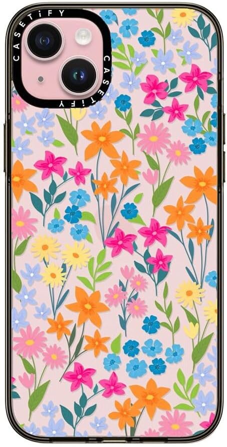 CASETiFY Compact iPhone 15 Plus Case [4 ft. 2X Military Grade Drop Protection/Slim/Lightweight] - Bright Spring Flowers - Clear Black
