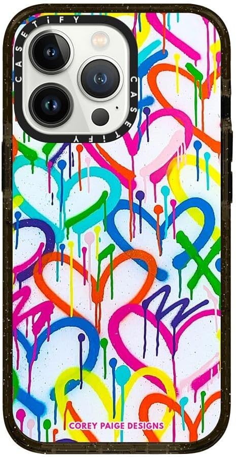 CASETiFY Impact Case for iPhone 13 Pro - Rainbow Graffiti Hearts by Corey Paige Designs - Clear Black