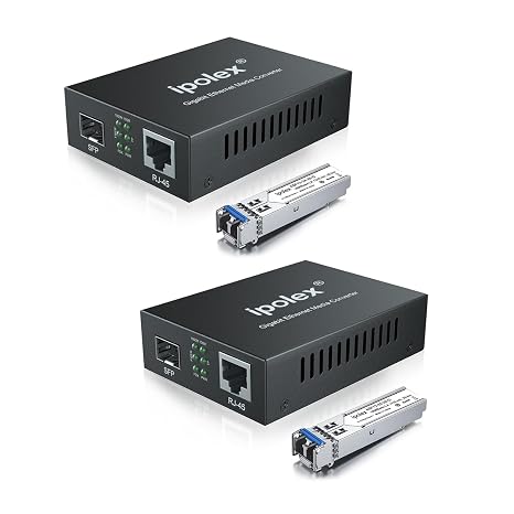 ipolex Gigabit Single-Mode LC Fiber to Ethernet Media Converter (SFP LX Modules Included),1.25G Fiber Media Converter, 1000Base-LX to 10/100/1000Base-TX, 1310nm, SMF, Transmission up to 20KM, 2 Pack