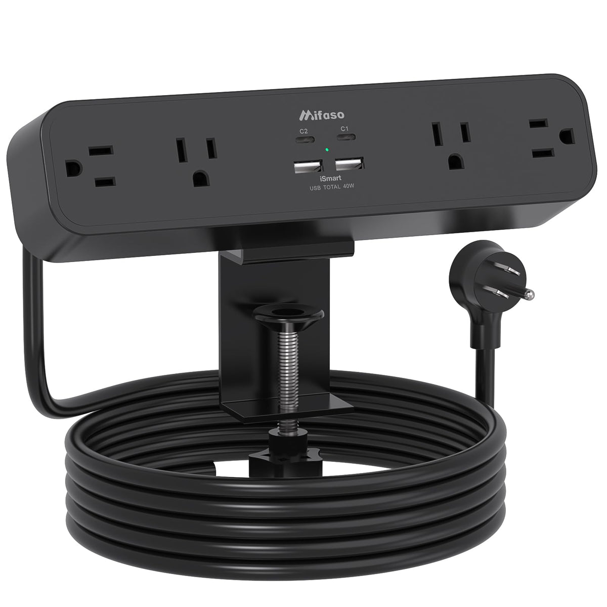 Mifaso Desk Clamp Power Strip 10FT, 40W USB C Fast Charging Station, Black