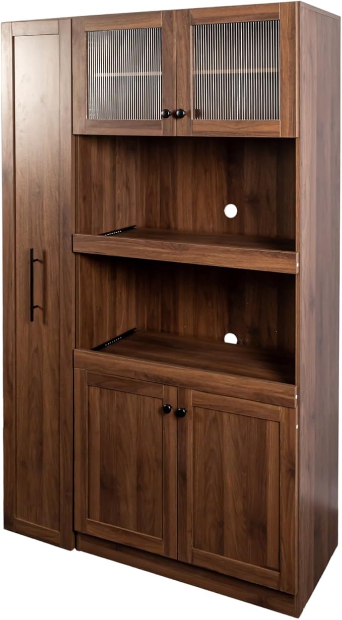 KEIKI 70.87" Tall Kitchen Pantry Storage Cabinet with Pull-Out Multi-Tier Shelf, Countertop, Glass Doors, Microwave Stand, Freestanding Wood Hutch Food Pantries Cupboard for Coffee Bar, Dining Room