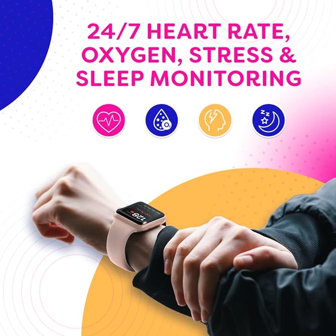 OCTANDRA Go VeryFit 1.69" Smart Watch - Heart Rate Blood Oxygen Saturation Sleep Monitor - Step Counter Pedometer - 5ATM Exercise Activity Fitness Tracker Watches for Men Women (ID207) (Pink)