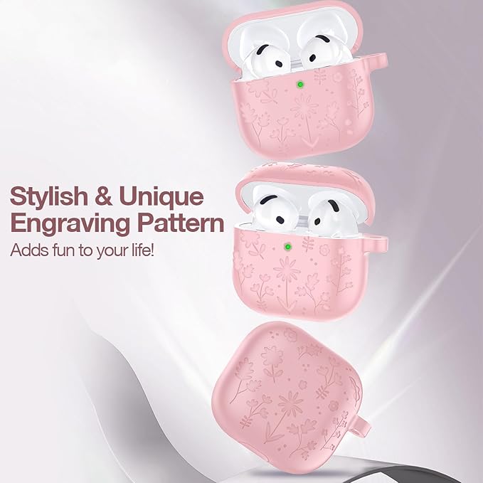 Compatible with AirPods 4th Generation Case Cover with Cleaner Kit, Flower Engraved Silicone Shockproof Protective Skin Cover for AirPods 4 Case 2024 with Keychain, Pink