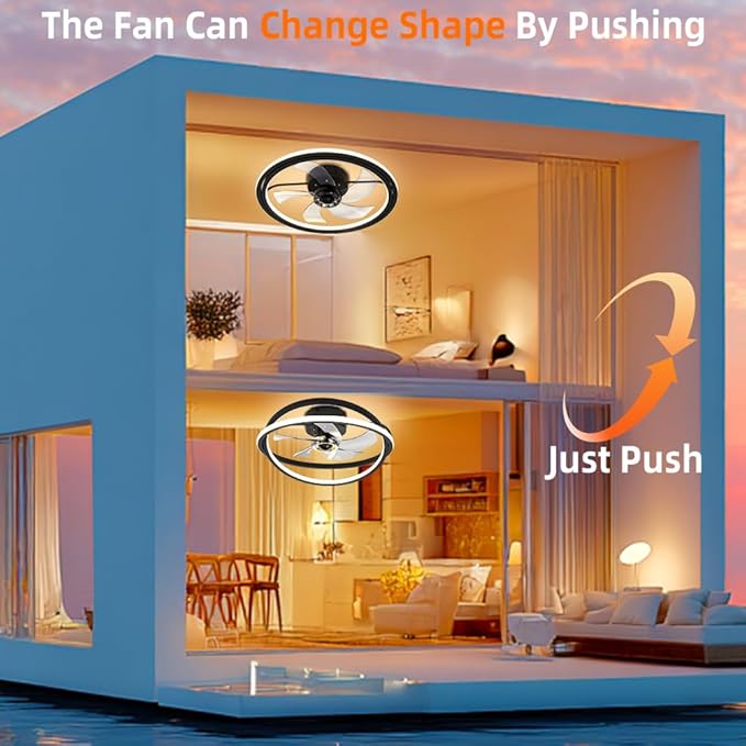 Ceiling Fan with LED Light,Low Profile Ceiling Fans, Flush Mount Modern Ceiling Fans,Fandeliers Ceiling Fan Fixture with App&Remote Control, for Bedroom/Kitchen/Small Room,Black
