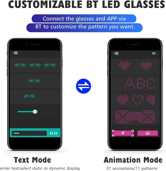 LED Glasses,light Up Glasses, Customizable Bluetooth LED Glasses, Halloween Glasses for Party, APP Control LED Display Smart Glasses for Nightclub, Festivals, Raves, Christmas for Adults over 18