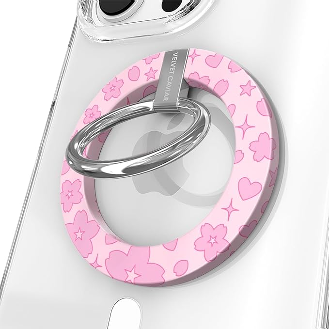 VELVET CAVIAR Compatible with MagSafe Phone Grip - Magnetic Ring Holder with Adjustable Stand - Removable MagSafe Accessories for iPhone 16, 15, 14, 13, 12 (Pink Cherry Blossom)