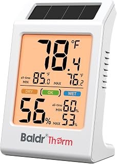 BaldrTherm Room Thermometer Indoor, Humidity Meter, 2026 Upgrade Backlit Digital Humidity&Temperature Monitor | Solar Powered | MAX MIN Record | 3.2", for Home, Office, Greenhouse, 1Pack