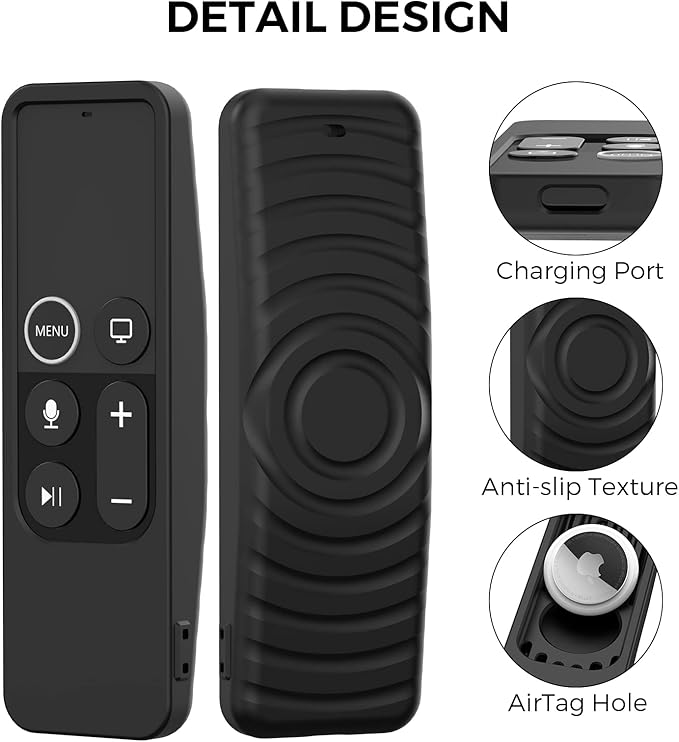 AhaStyle Protective Case for Apple TV Siri Remote [1st Gen] with AirTag Holder, Anti Slip Silicone Cover Compatible with 2016 Apple TV HD and 2017 TV 4K [1st Generation] (Black)