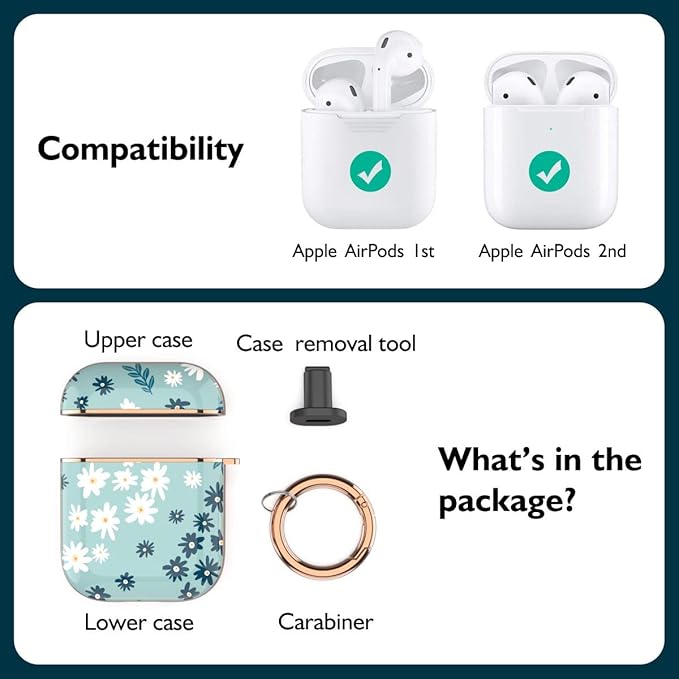 TATOFY Case Cover for AirPods 1&2, Elegant Cute Flower Patterns Protective Hard Case with Clip Keychain