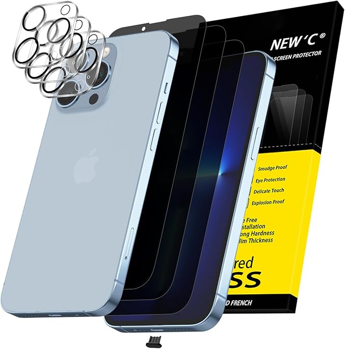 NEW'C 3x Privacy for iPhone 13 Pro Screen Protector (6.1 inches)+ 3x Camera Lens Protector, Sensor Protection,Case Friendly Tempered Glass Film + Dust Plug - Enhanced Privacy Angle of 28 Degrees