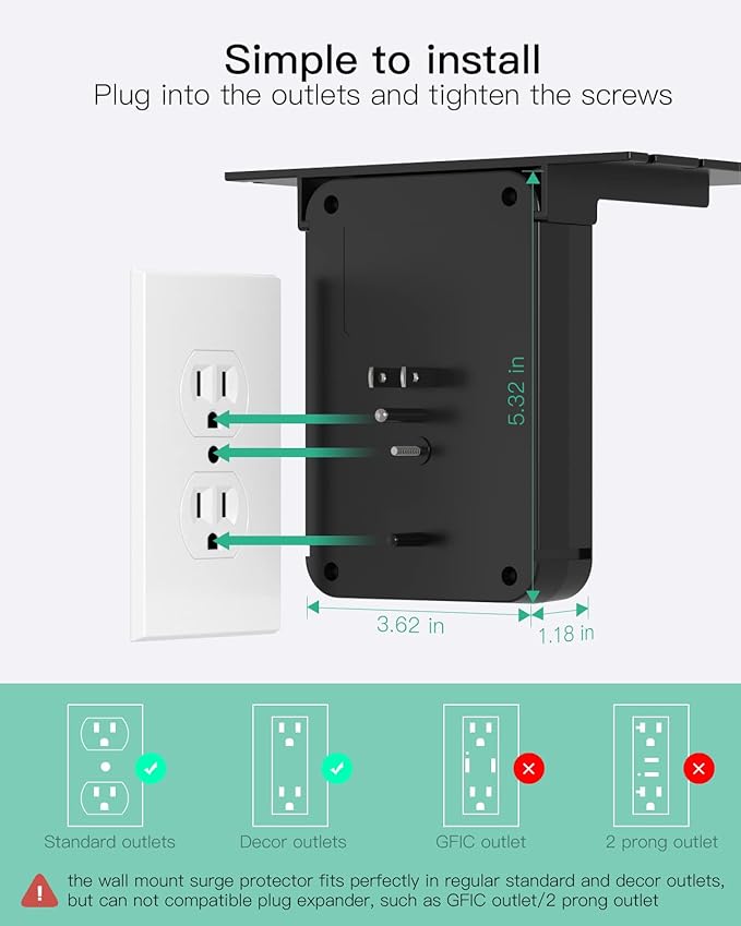 Wall Outlet Extender - Surge Protector 6 AC Outlets Multi Plug Outlet with Shelf, 2 USB and USB C Charging Ports Wall Plug Expander, USB Wall Charger Outlet Splitter for Home (Black)