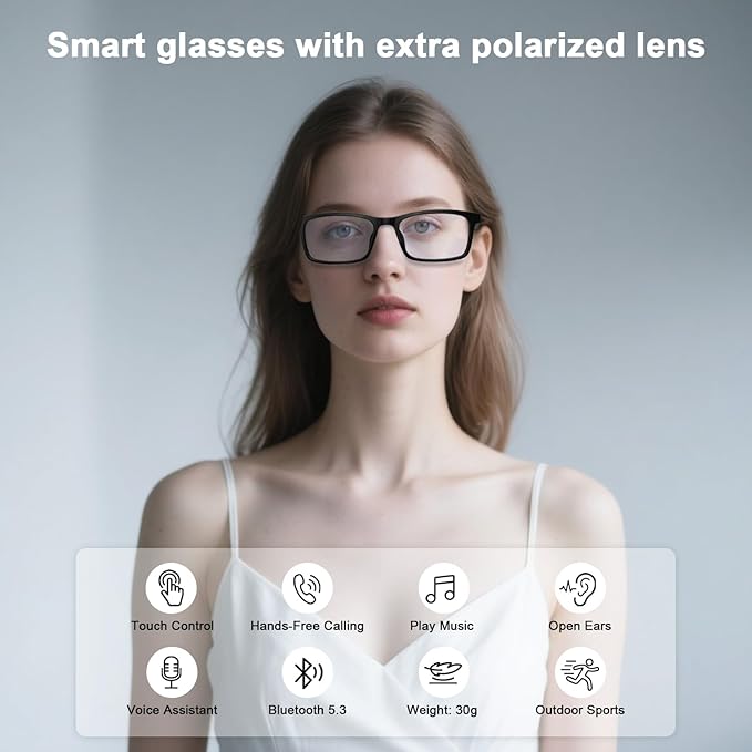 Smart Glasses for Men & Women, IPX5 Waterproof & Voice Assistant, Audio Glasses with Extra Polarized Lenses & Open-Ear Speaker, Anti-Blue Light Bluetooth Glasses for Driving, Travel & Working