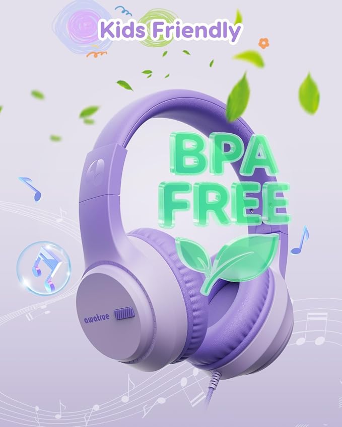 Kids Headphones, 74/85/94dB Volume Limiter, Foldable Wired Over Ear Headphones for Travel, 3.5mm Jack, Toddler Headphones for School, Chromebook, iPad, Tablet, Purple